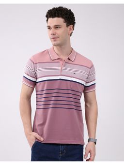 Monte Carlo - Men Pink Regular Fit Collar Neck Striped Half Sleeve Polo T-Shirt