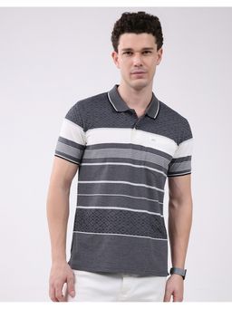 Monte Carlo - Men Grey Regular Fit Collar Neck Striped Half Sleeve Polo T-Shirt