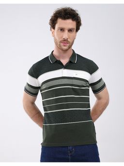 Monte Carlo - Men Olive Regular Fit Collar Neck Striped Half Sleeve Polo T-Shirt