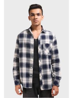 XKIND - Men Navy Blue Cotton Checks Shirt