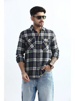 XKIND - Men Navy Blue Cotton Checks Shirt