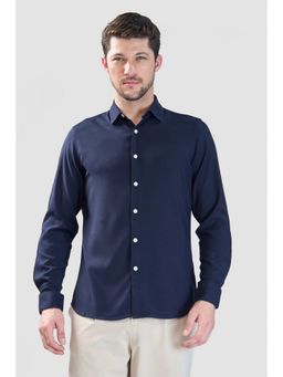 XKIND - Men Navy Blue Cotton Solid Shirt