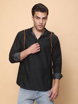 KUONS AVENUE - Men Black Hooded Denim Casual Shirt