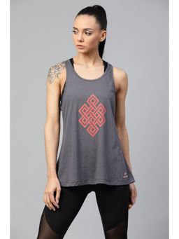 Alcis - Women Charcoal Grey Coral Orange Printed Styled Back Top