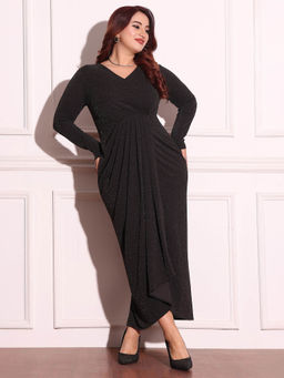 Miss Chase - A+ Curve Collection Plus Size Women Black V-Neck Full Sleeve Dress