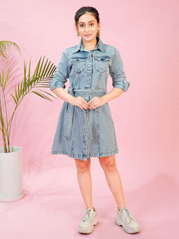 COSMIC TRIO - Women Blue Denim Full Sleeves Dress, Belt