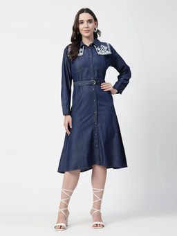 COSMIC TRIO - Women Navy Blue Denim Full Sleeves Dress, Belt