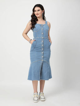 COSMIC TRIO - Women Blue Denim Sleeveless Dress