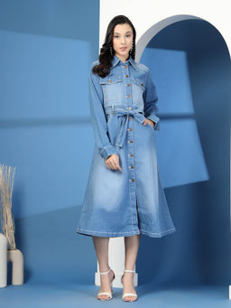 COSMIC TRIO - Women Blue Denim Full Sleeves Dress, Belt