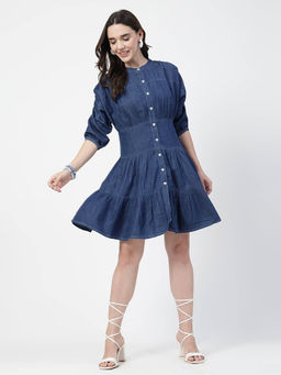 COSMIC TRIO - Women Blue Denim Three Fourth Sleeves Dress