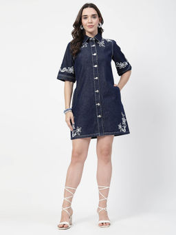 COSMIC TRIO - Women Blue Denim Three Fourth Sleeves Dress