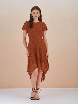Latin Quarters - Women Rust Floral Lace Fit and Flare Dress for Party Wear