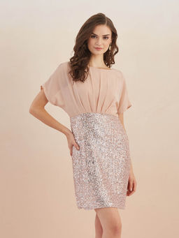 Latin Quarters - Women Pink Boat Neck Cap Sleeve Sequin Dress for Party Wear