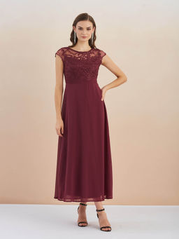 Latin Quarters - Women Maroon Sequin Embellished Fit and Flare Maxi Dress for Party Occasion