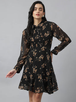 Latin Quarters - Women Black Full Sleeve Collared Neck Printed A-Line Dress For Casual Wear