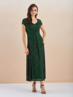 Latin Quarters - Women Green V-Neck Short Sleeve Solid Lace Maxi Dress For Party Wear