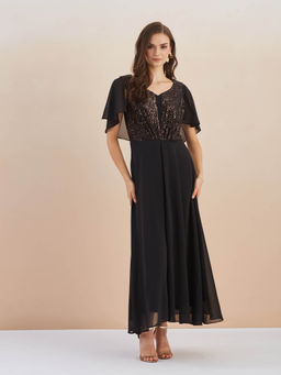 Latin Quarters - Women Black Sequin Flutter Sleeve Flared Maxi Dress for Evening Wear