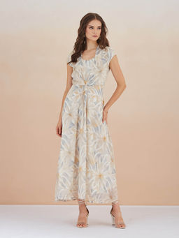 Latin Quarters - Women Grey Floral Print Cap Sleeve Maxi Dress For Casual Wear