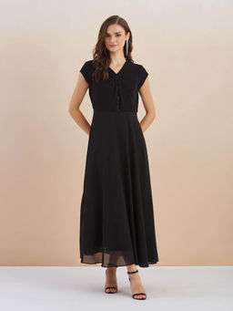 Latin Quarters - Women Black Cap Sleeve Flared Maxi Dress for Evening Wear