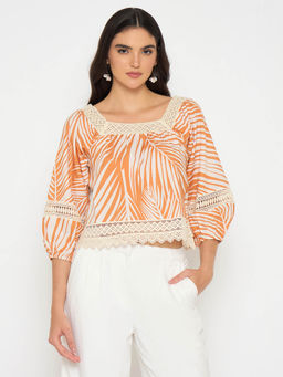 Madame - Botanical Print Cotton Blend Warm Amber Top