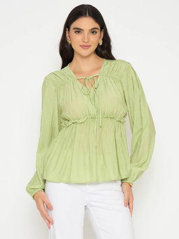 Madame - Cinch Waist Apple Green Peplum Top