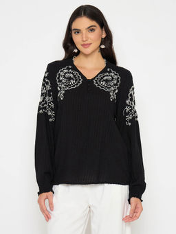 Madame - Embroidered Black Viscose Blend Top