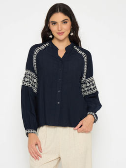 Madame - Embroidered Navy Blue Rayon Blend Top