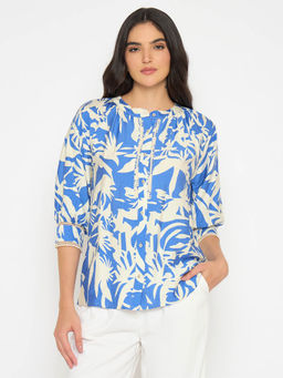 Madame - Botanical Print Royal Blue Rayon Blend Top