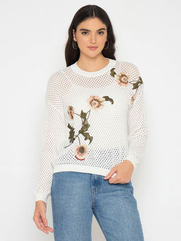 Madame - Embroidered Semi Sheer Off White Knitted Top