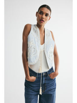 H&M - Women Blue Linen-Blend Broderie Anglaise Waistcoat