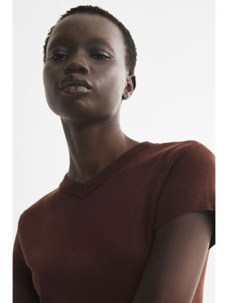 H&M - Women Brown Fine-Knit Viscose-Blend T-Shirt