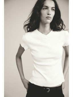 H&M - Women White Fine-Knit Viscose-Blend T-Shirt
