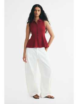 H&M - Women Red Rib-Knit Peplum Top