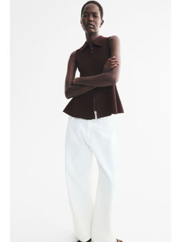 H&M - Women Brown Rib-Knit Peplum Top