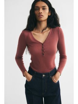 H&M - Women Red Long-Sleeved Rib-Knit Top