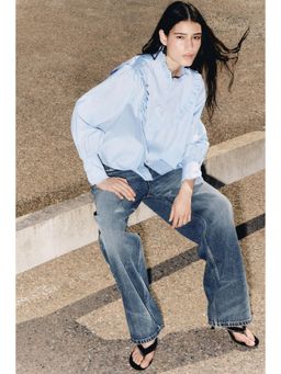 H&M - Women Blue Frill-Trimmed Cotton Poplin Blouse