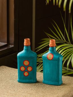 ExclusiveLane - Oasis Flasks' Money Planter Bottle Vases In Glass (Set of 2, Turquoise Blue)