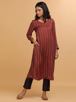 Folksong - Stripes Red Stripes Ajrakh Print Kurta in Modal Satin