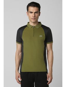 Peter England - Men Olive Colorblock Collar Neck Polo T-Shirt