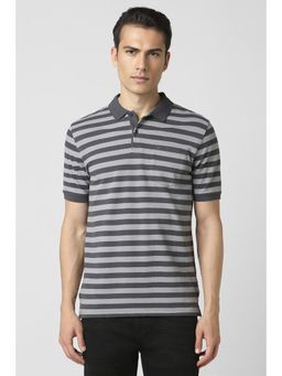 Peter England - Men Grey Stripes Collar Neck Polo T-Shirt