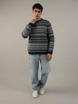 American Eagle - Men Multi-Color Super Soft Holiday Stripesd Crew Neck Sweater