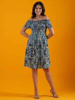 Globus - Women Multi Black Off Shoulder Animal Print Smocked Fit & Flare Dress