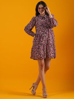 Globus - Women Multi White Shirt Collar Animal Print Gathered & Tiered A-Line Workwear Dress