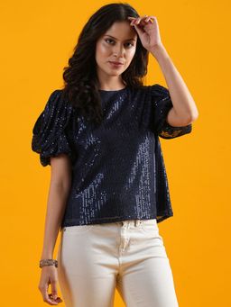 Globus - Women Navy Round Neck Puff Sleeves Embellished Sequinned Party Top