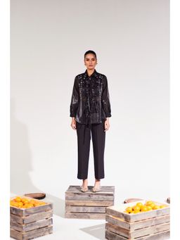 House of Zeniaa - Midnight Black Sheer Shirt with Bustier and Pant (Set of 3)