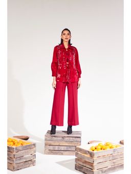 House of Zeniaa - Cherry Red Sheer Shirt with Bustier (Set of 2)