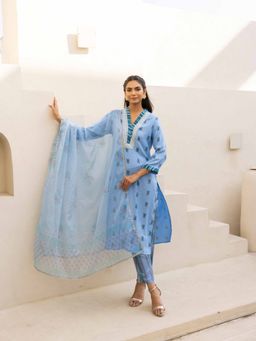 MAAND - Elegant Ice Blue Printed With Embroidered Kurta With Pant & Dupatta