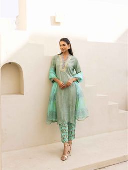 MAAND - Elegant Sea Green Printed With Embroidered Kurta With Pant & Dupatta