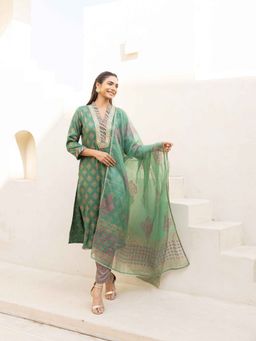 MAAND - Elegant Bottle Green Printed With Embroidered Kurta With Pant & Dupatta