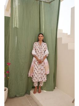 MAAND - Baby Pink Floral Buti Printed Embroidered V-Neck Anarkali Kurta With Pant & Dupatta